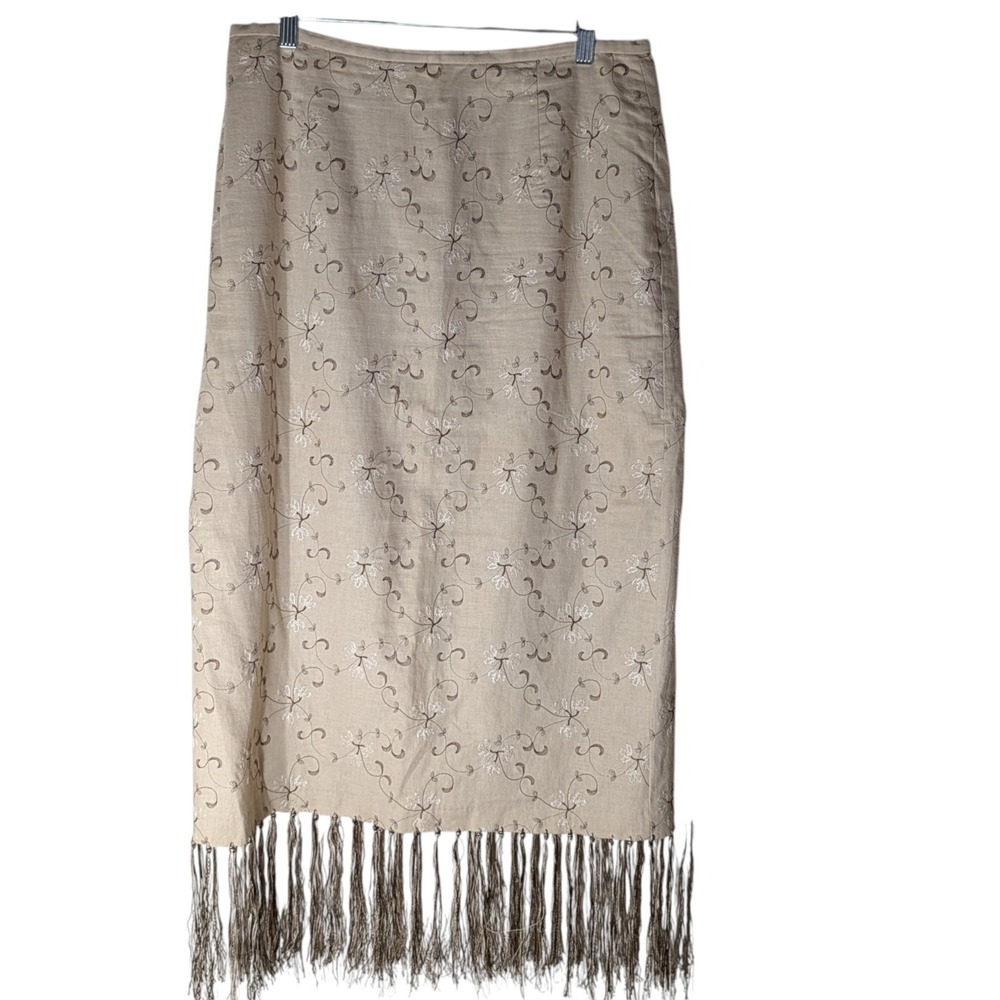 Nicole Studio Skirt Embroidered Floral Tan Fringe Straight‎ Womens Fourteen SEE